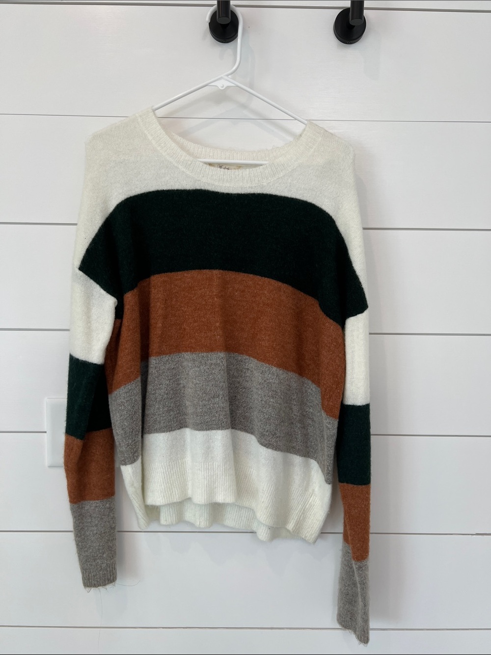 Andree Striped Crewneck Sweater in White, Dark Green, Brown, Gray